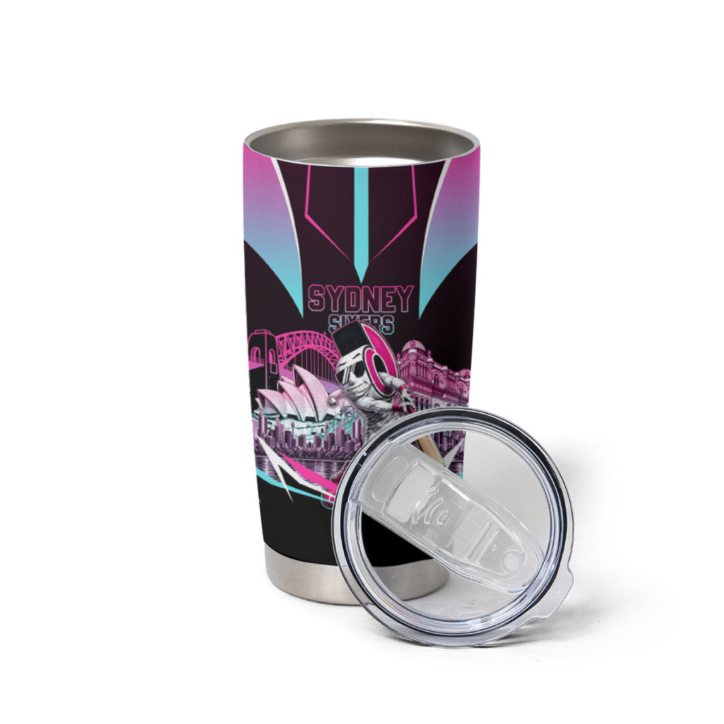 Personalised Sydney Sixers Cricket Mascot Skyline Tumbler Cup Retro Neon Graphic Fan Art