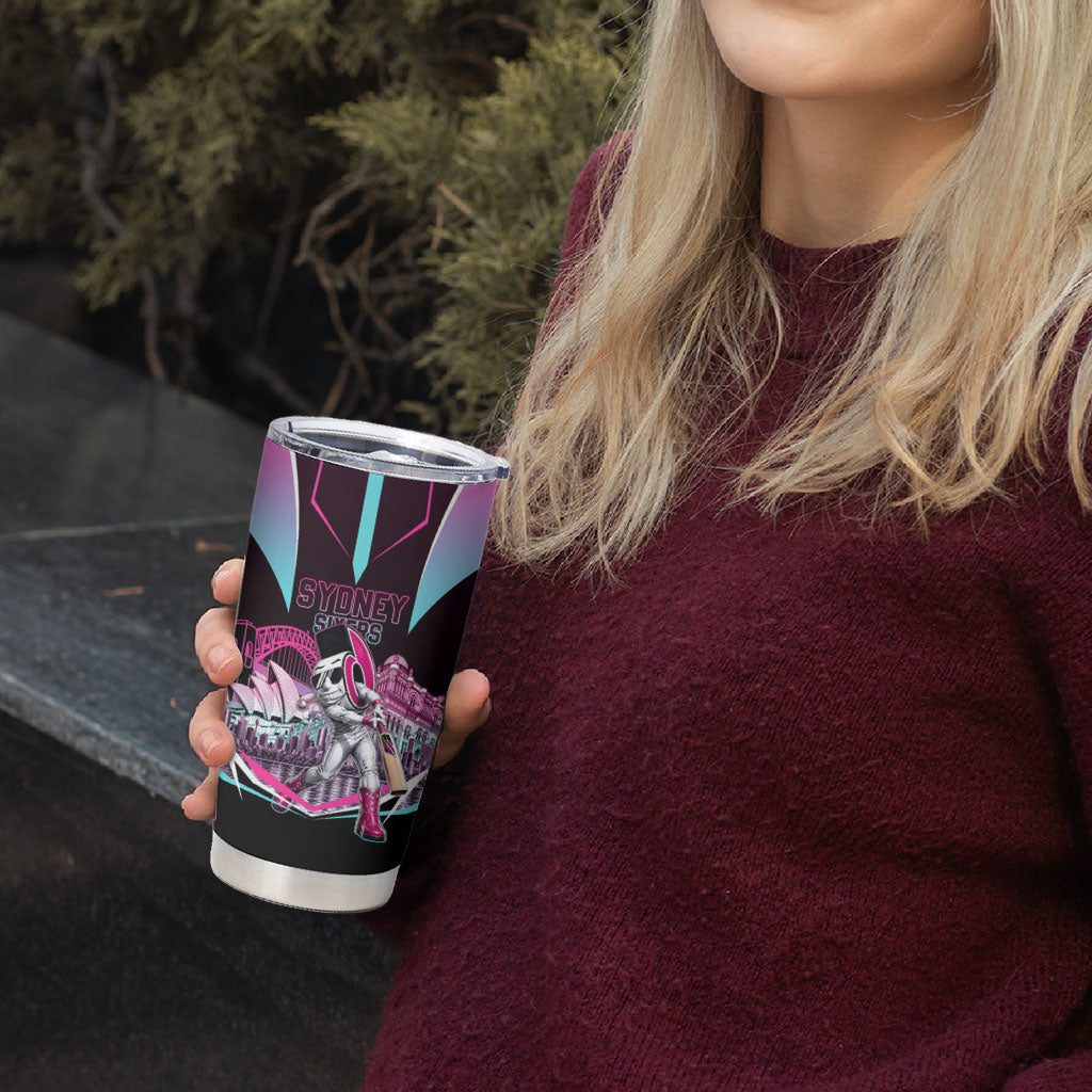 Personalised Sydney Sixers Cricket Mascot Skyline Tumbler Cup Retro Neon Graphic Fan Art