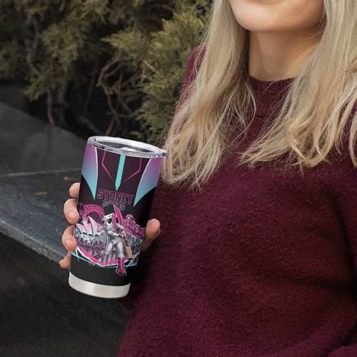 Personalised Sydney Sixers Cricket Mascot Skyline Tumbler Cup Retro Neon Graphic Fan Art