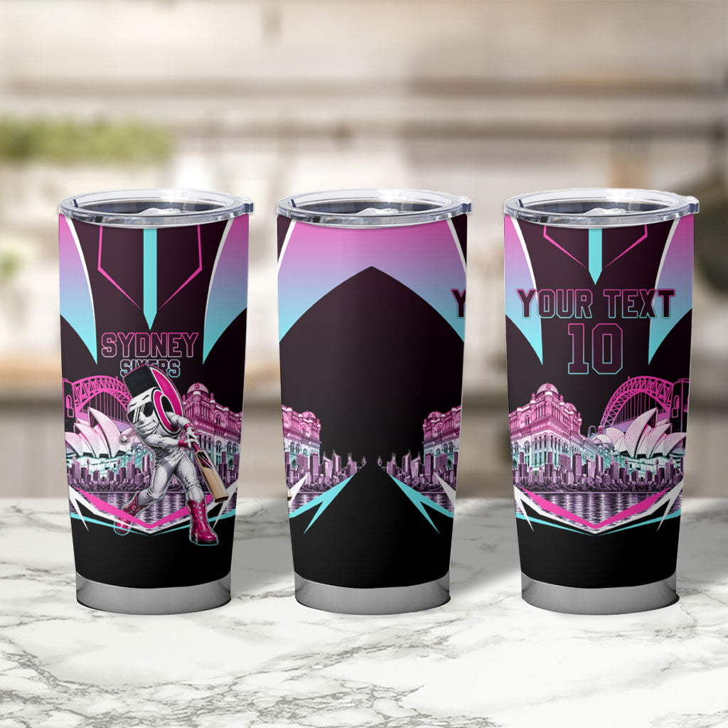Personalised Sydney Sixers Cricket Mascot Skyline Tumbler Cup Retro Neon Graphic Fan Art