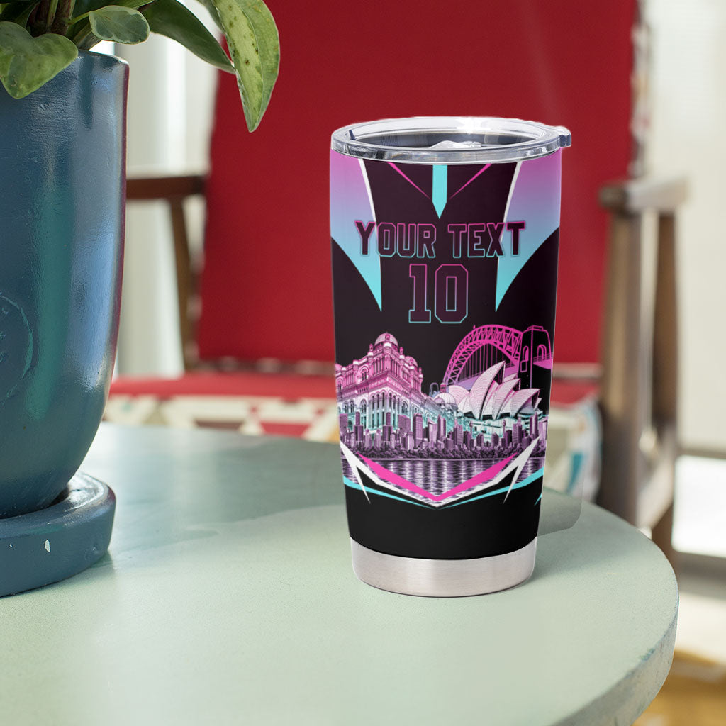 Personalised Sydney Sixers Cricket Mascot Skyline Tumbler Cup Retro Neon Graphic Fan Art
