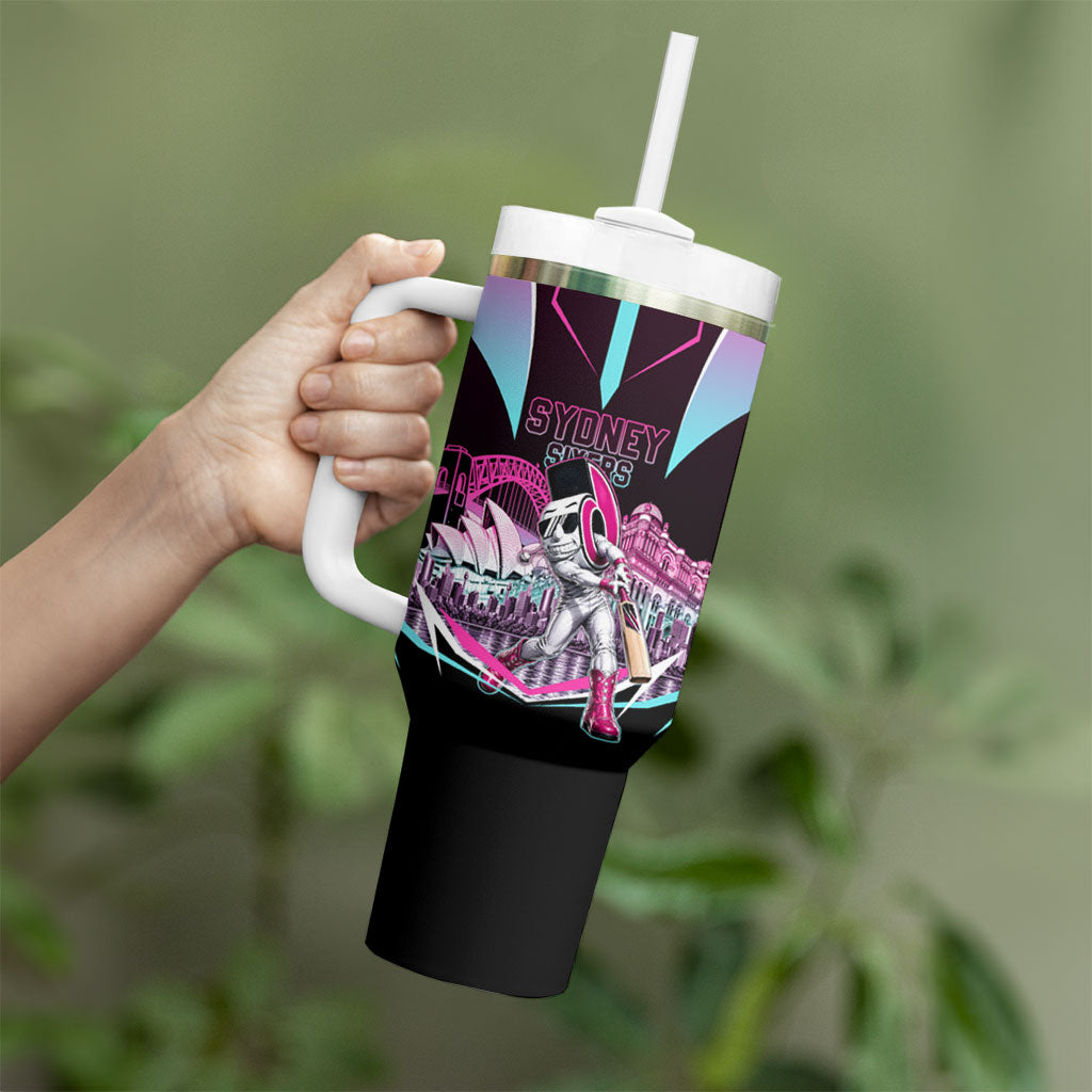 Personalised Sydney Sixers Cricket Mascot Skyline Tumbler With Handle Retro Neon Graphic Fan Art
