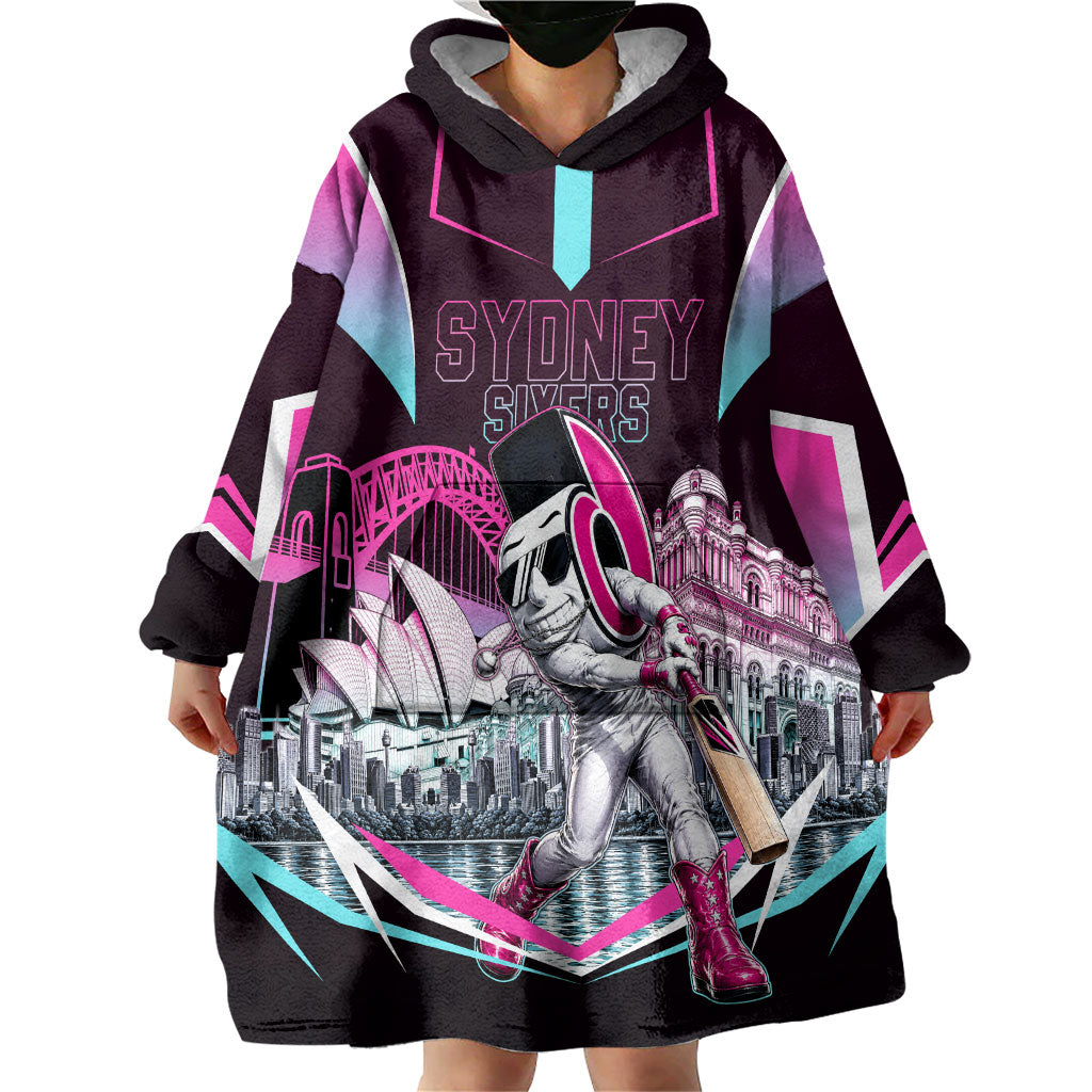 Personalised Sydney Sixers Cricket Mascot Skyline Wearable Blanket Hoodie Retro Neon Graphic Fan Art