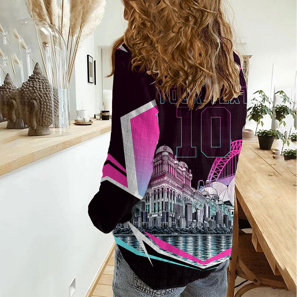 Personalised Sydney Sixers Cricket Mascot Skyline Women Casual Shirt Retro Neon Graphic Fan Art