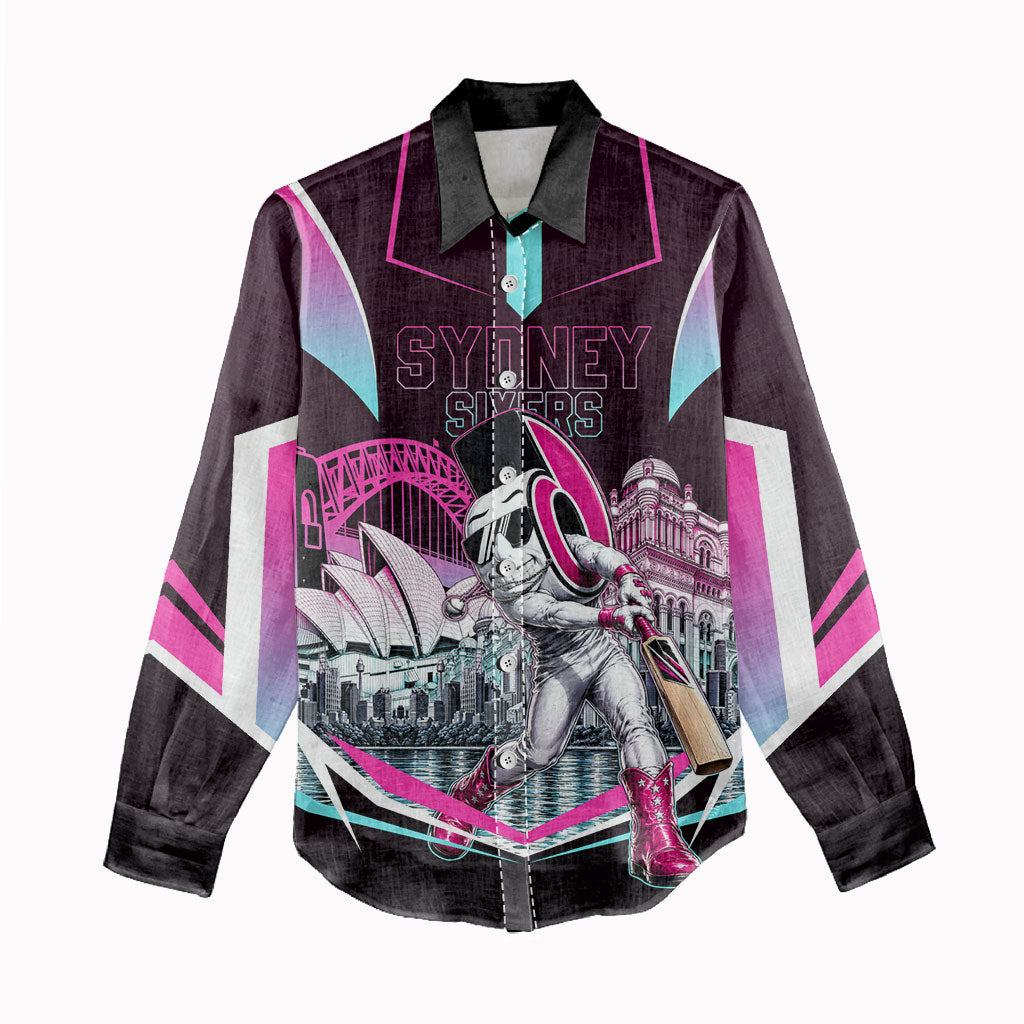 Personalised Sydney Sixers Cricket Mascot Skyline Women Casual Shirt Retro Neon Graphic Fan Art