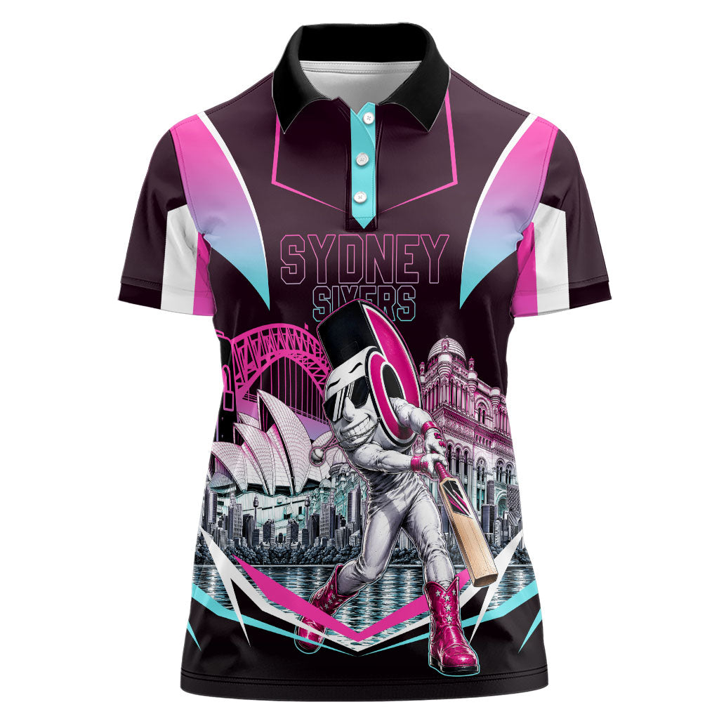Personalised Sydney Sixers Cricket Mascot Skyline Women Polo Shirt Retro Neon Graphic Fan Art