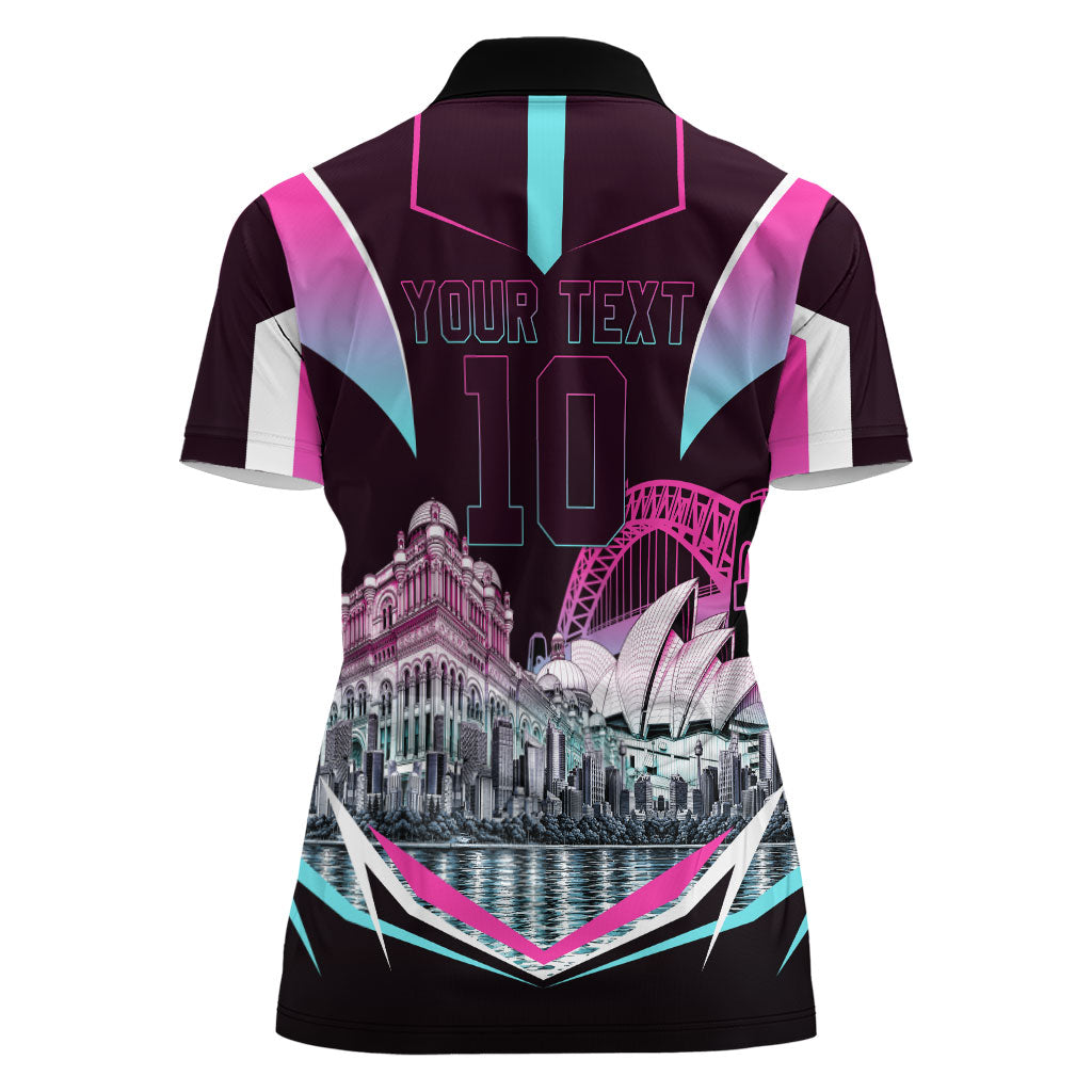 Personalised Sydney Sixers Cricket Mascot Skyline Women Polo Shirt Retro Neon Graphic Fan Art