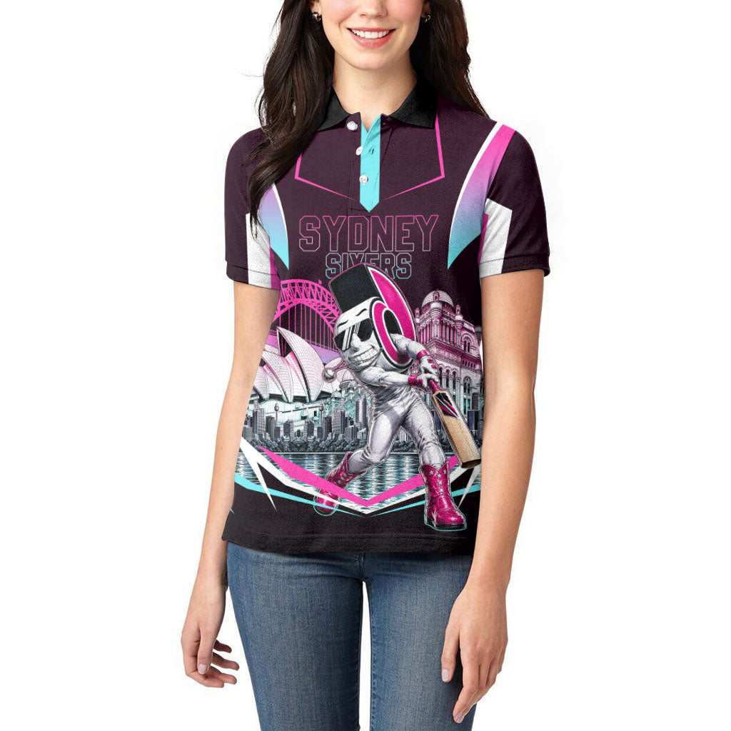 Personalised Sydney Sixers Cricket Mascot Skyline Women Polo Shirt Retro Neon Graphic Fan Art