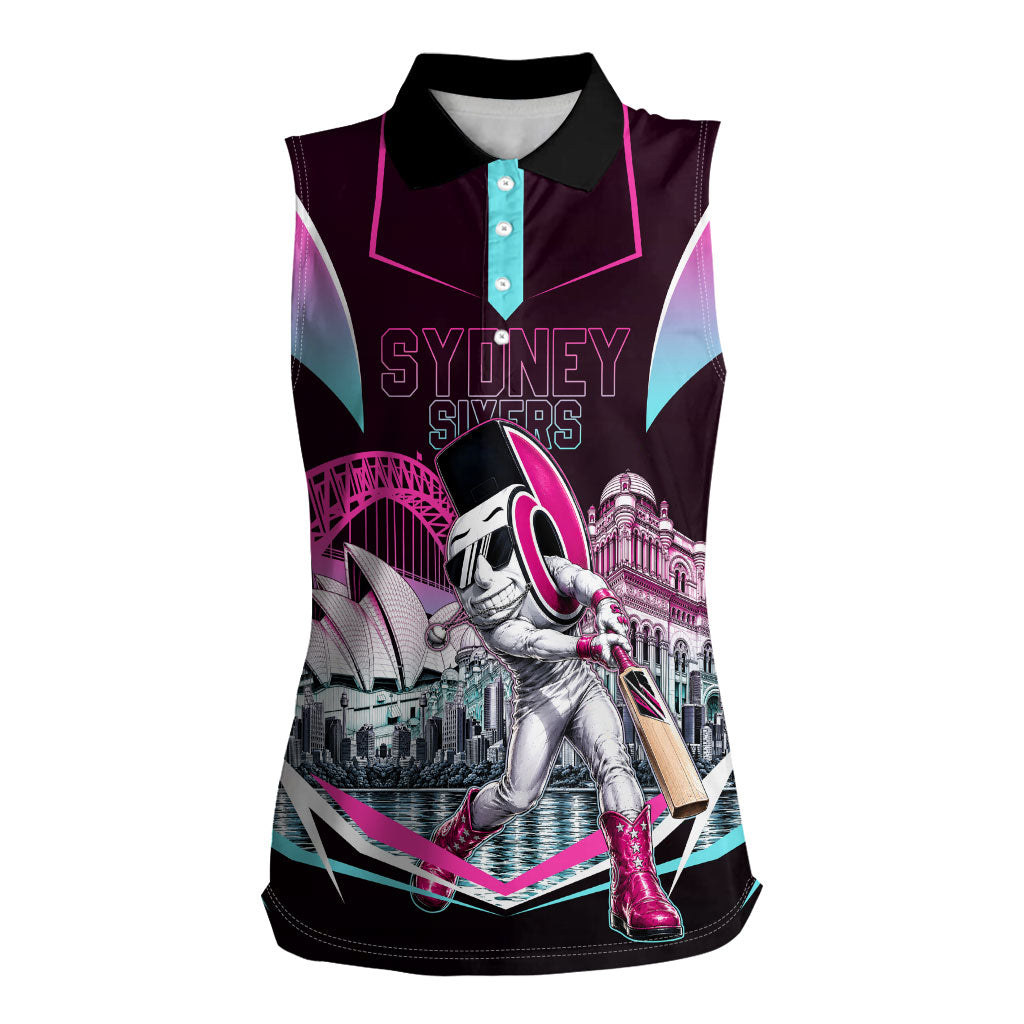 Personalised Sydney Sixers Cricket Mascot Skyline Women Sleeveless Polo Shirt Retro Neon Graphic Fan Art