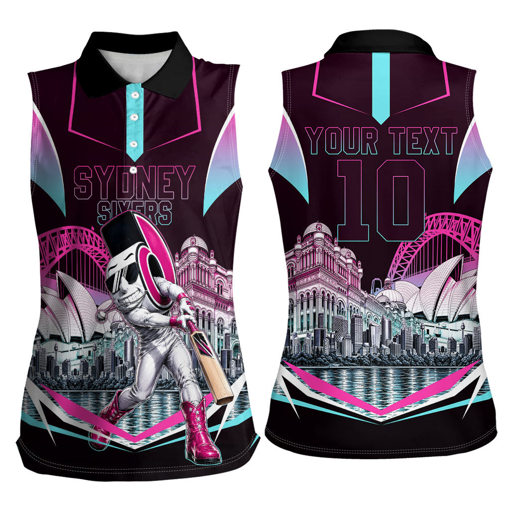 Personalised Sydney Sixers Cricket Mascot Skyline Women Sleeveless Polo Shirt Retro Neon Graphic Fan Art