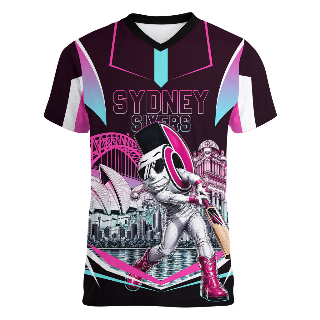 Personalised Sydney Sixers Cricket Mascot Skyline Women V-Neck T-Shirt Retro Neon Graphic Fan Art