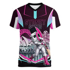 Personalised Sydney Sixers Cricket Mascot Skyline Women V-Neck T-Shirt Retro Neon Graphic Fan Art