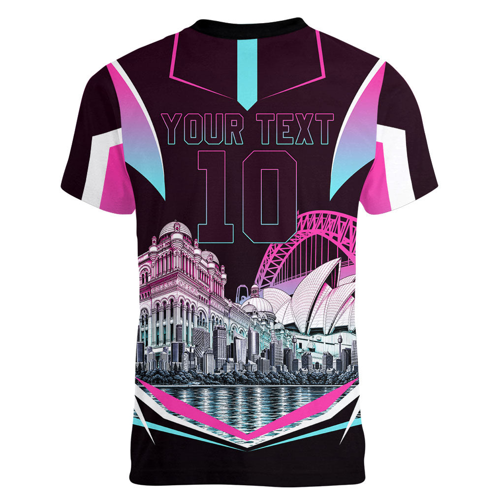 Personalised Sydney Sixers Cricket Mascot Skyline Women V-Neck T-Shirt Retro Neon Graphic Fan Art