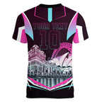 Personalised Sydney Sixers Cricket Mascot Skyline Women V-Neck T-Shirt Retro Neon Graphic Fan Art