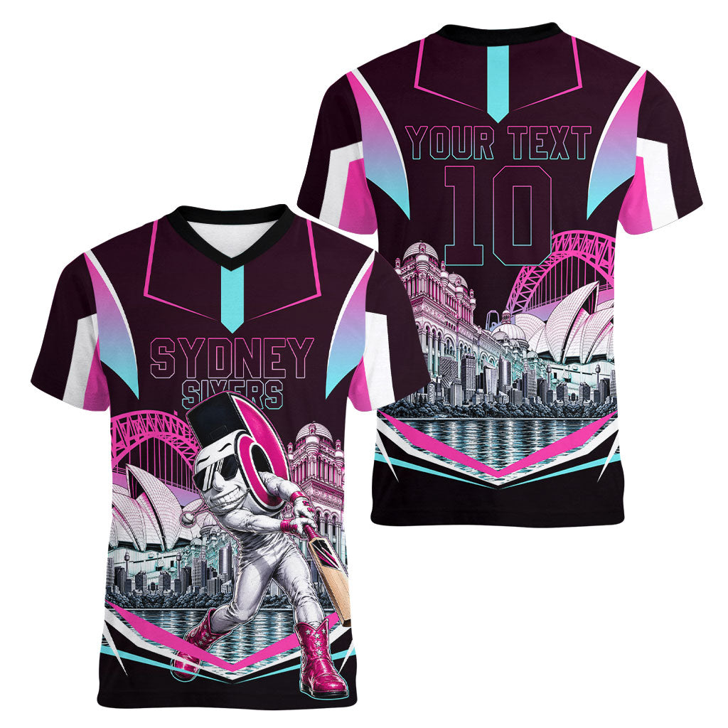 Personalised Sydney Sixers Cricket Mascot Skyline Women V-Neck T-Shirt Retro Neon Graphic Fan Art