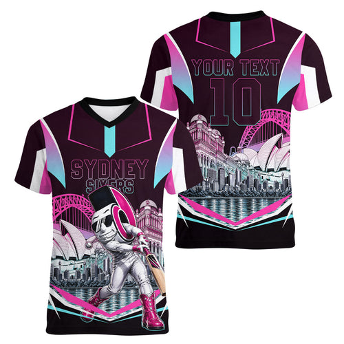 Personalised Sydney Sixers Cricket Mascot Skyline Women V-Neck T-Shirt Retro Neon Graphic Fan Art
