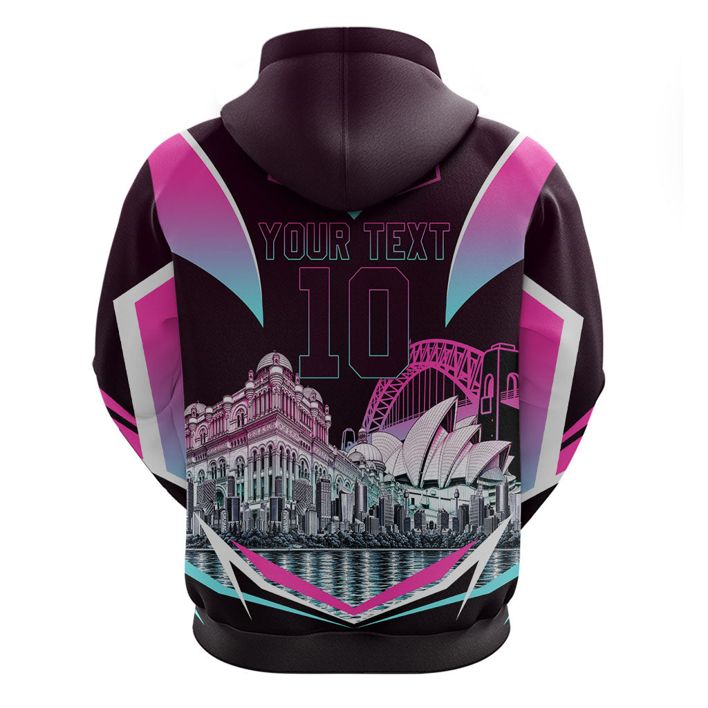 Personalised Sydney Sixers Cricket Mascot Skyline Zip Hoodie Retro Neon Graphic Fan Art