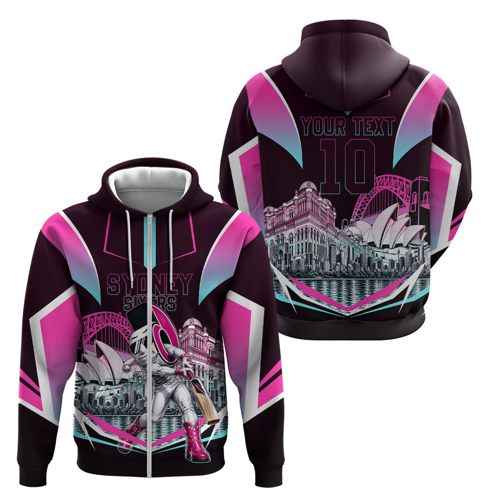 Personalised Sydney Sixers Cricket Mascot Skyline Zip Hoodie Retro Neon Graphic Fan Art