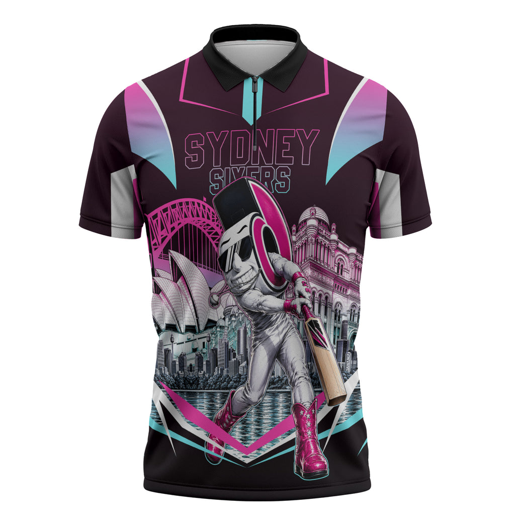 Personalised Sydney Sixers Cricket Mascot Skyline Zipper Polo Shirt Retro Neon Graphic Fan Art