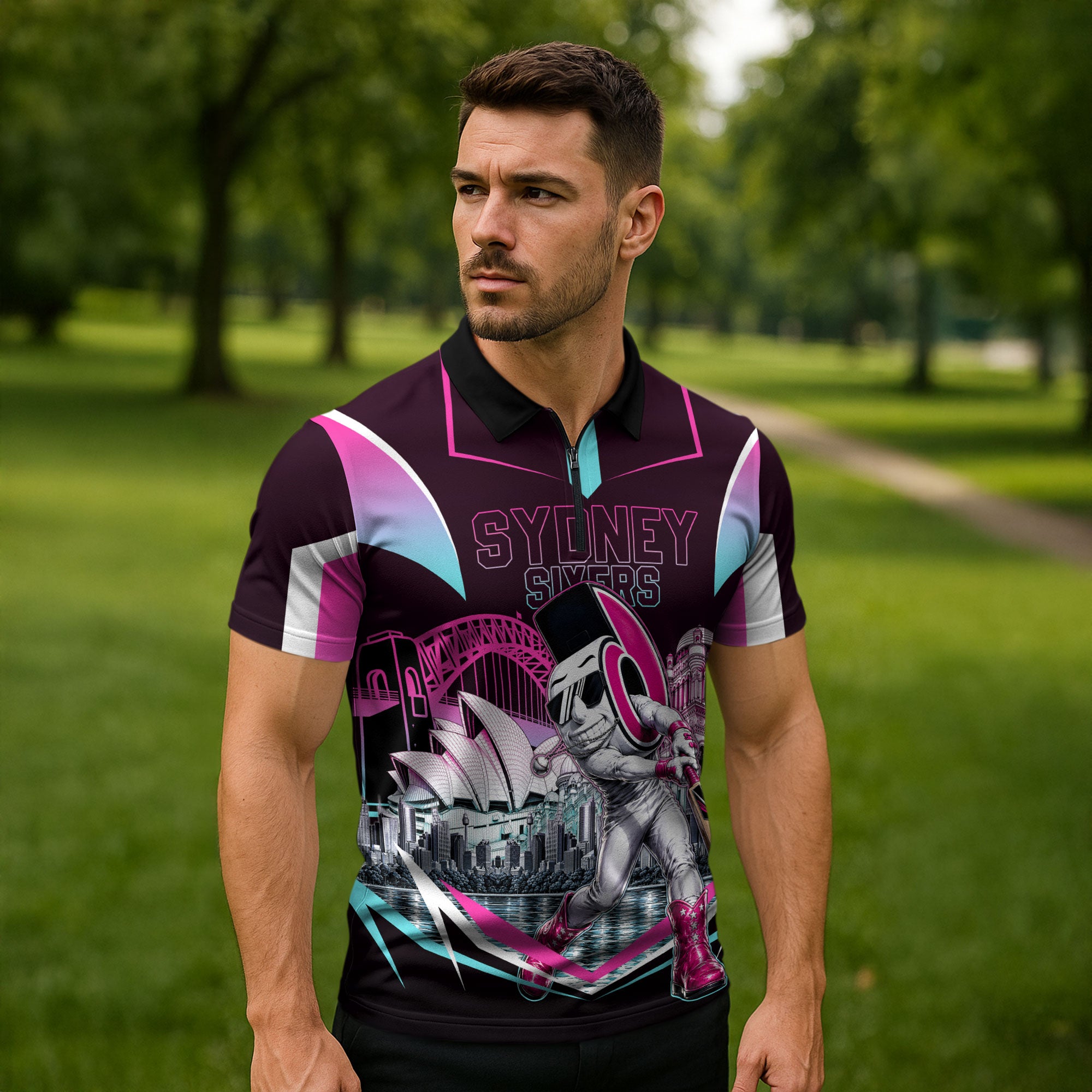 Personalised Sydney Sixers Cricket Mascot Skyline Zipper Polo Shirt Retro Neon Graphic Fan Art
