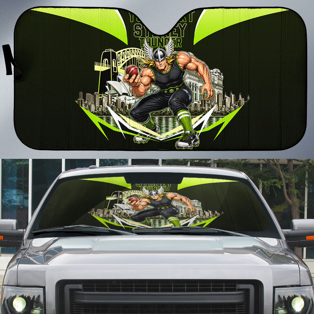 Personalised Sydney Thunder Cricket Mascot Skyline Auto Sun Shade Retro Comic Style Fan Art Graphic