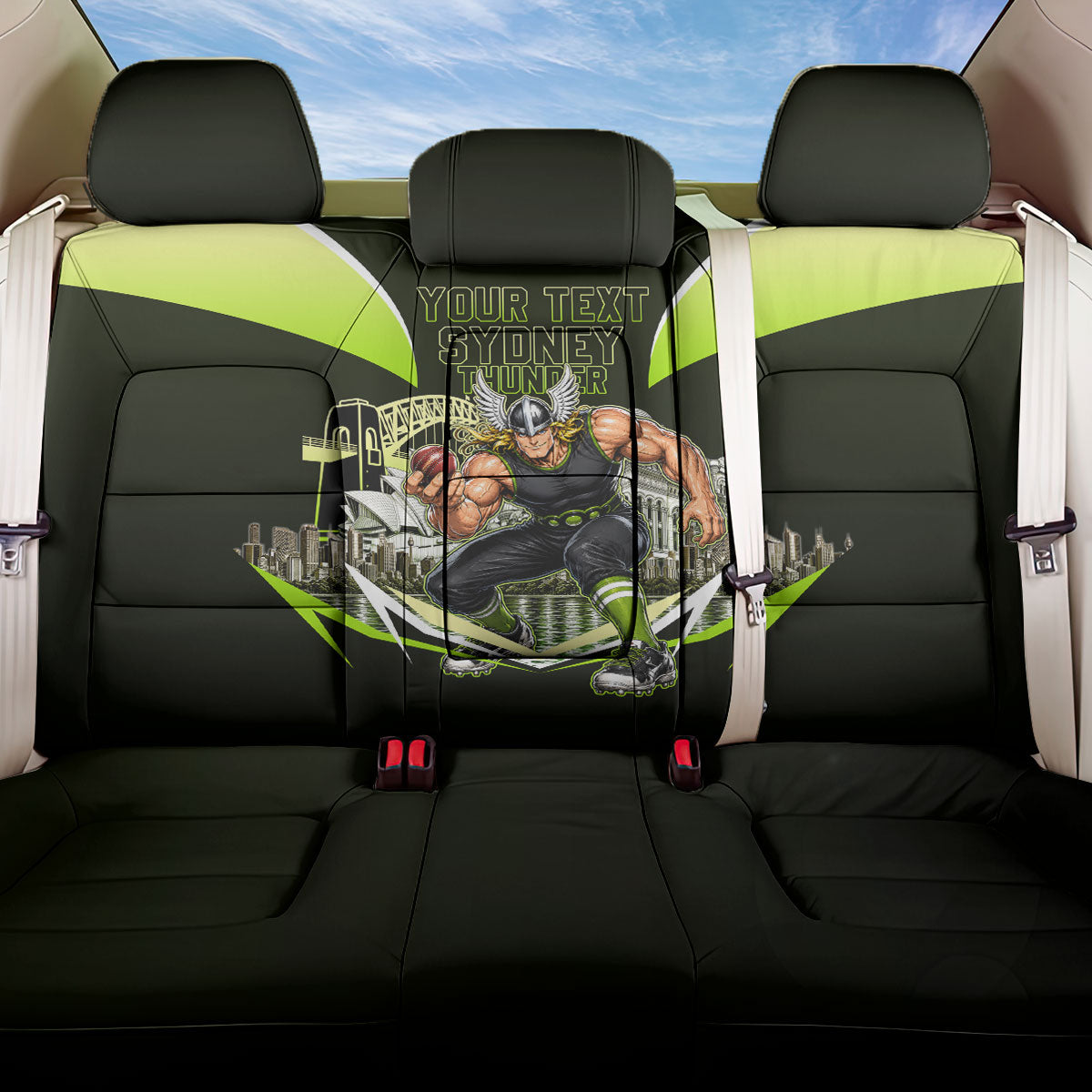 Personalised Sydney Thunder Cricket Mascot Skyline Back Car Seat Cover Retro Comic Style Fan Art Graphic