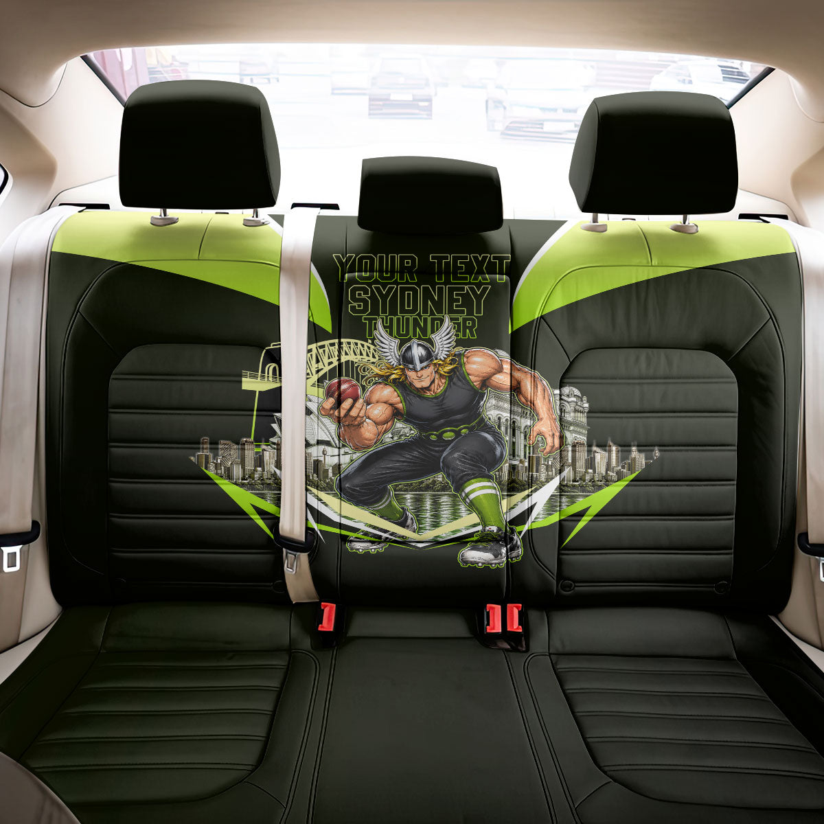 Personalised Sydney Thunder Cricket Mascot Skyline Back Car Seat Cover Retro Comic Style Fan Art Graphic