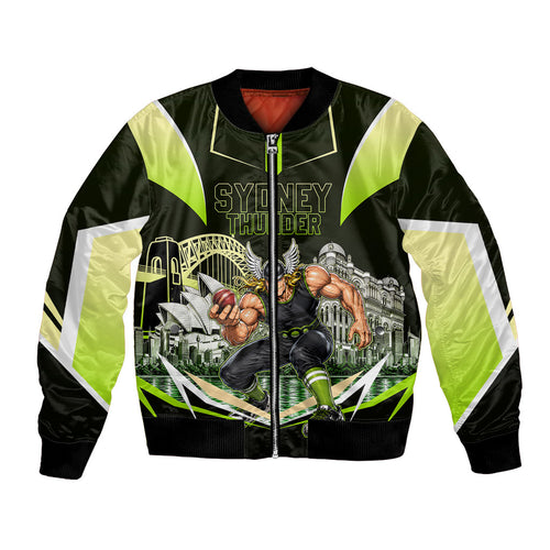 Personalised Sydney Thunder Cricket Mascot Skyline Bomber Jacket Retro Comic Style Fan Art Graphic