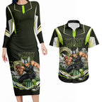 Personalised Sydney Thunder Cricket Mascot Skyline Couples Matching Long Sleeve Bodycon Dress and Hawaiian Shirt Retro Comic Style Fan Art Graphic