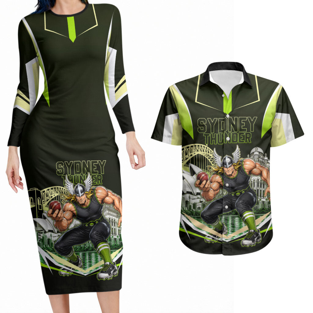 Personalised Sydney Thunder Cricket Mascot Skyline Couples Matching Long Sleeve Bodycon Dress and Hawaiian Shirt Retro Comic Style Fan Art Graphic