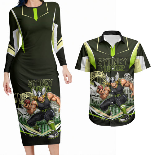 Personalised Sydney Thunder Cricket Mascot Skyline Couples Matching Long Sleeve Bodycon Dress and Hawaiian Shirt Retro Comic Style Fan Art Graphic