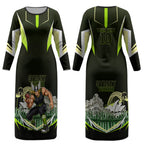 Personalised Sydney Thunder Cricket Mascot Skyline Couples Matching Long Sleeve Bodycon Dress and Hawaiian Shirt Retro Comic Style Fan Art Graphic