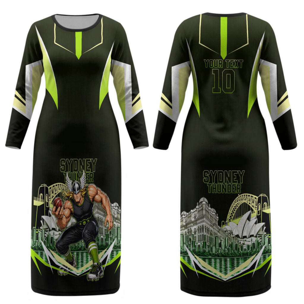 Personalised Sydney Thunder Cricket Mascot Skyline Couples Matching Long Sleeve Bodycon Dress and Hawaiian Shirt Retro Comic Style Fan Art Graphic