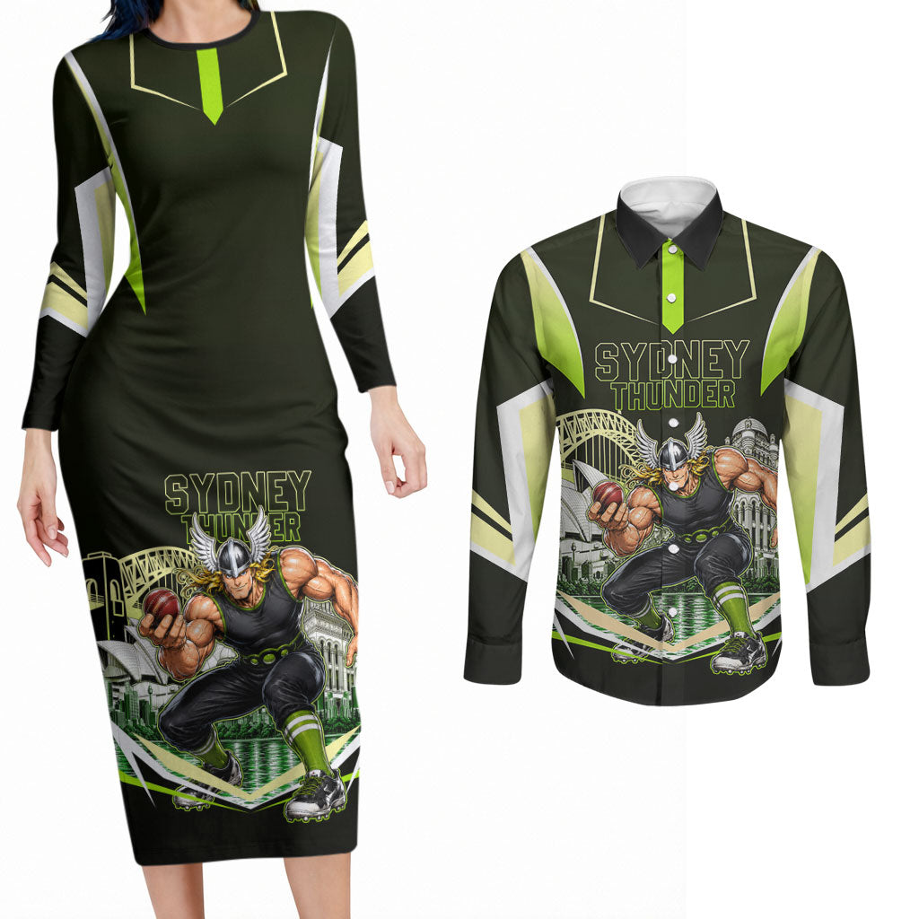 Personalised Sydney Thunder Cricket Mascot Skyline Couples Matching Long Sleeve Bodycon Dress and Long Sleeve Button Shirt Retro Comic Style Fan Art Graphic