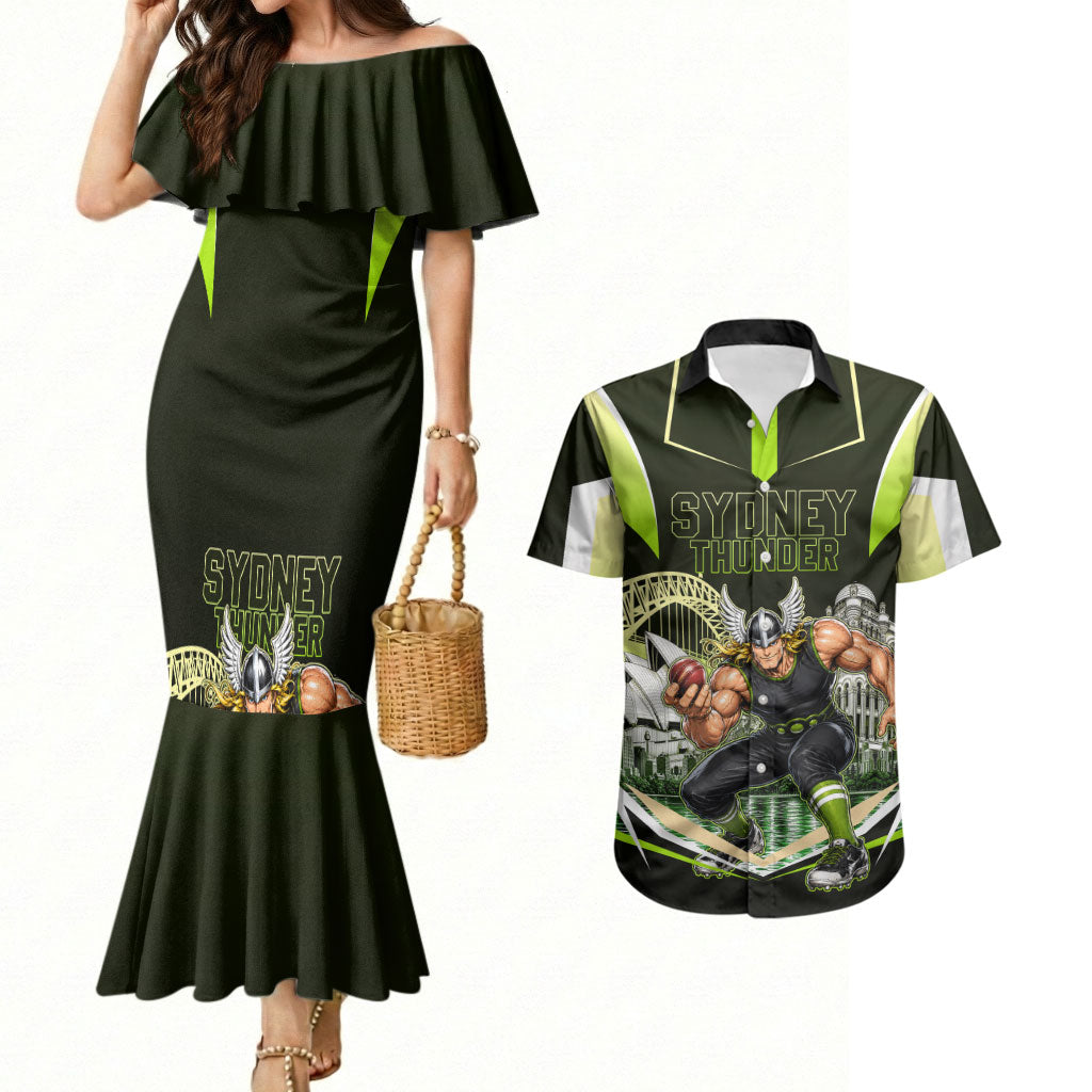 Personalised Sydney Thunder Cricket Mascot Skyline Couples Matching Mermaid Dress and Hawaiian Shirt Retro Comic Style Fan Art Graphic