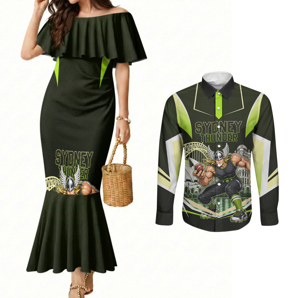 Personalised Sydney Thunder Cricket Mascot Skyline Couples Matching Mermaid Dress and Long Sleeve Button Shirt Retro Comic Style Fan Art Graphic
