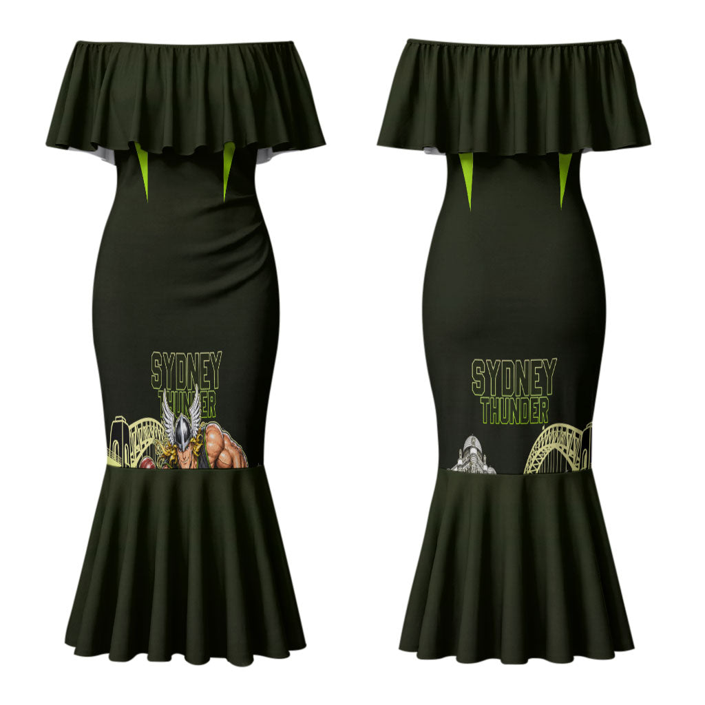 Personalised Sydney Thunder Cricket Mascot Skyline Couples Matching Mermaid Dress and Long Sleeve Button Shirt Retro Comic Style Fan Art Graphic