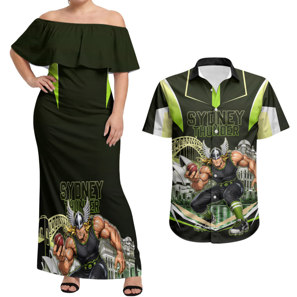 Personalised Sydney Thunder Cricket Mascot Skyline Couples Matching Off Shoulder Maxi Dress and Hawaiian Shirt Retro Comic Style Fan Art Graphic