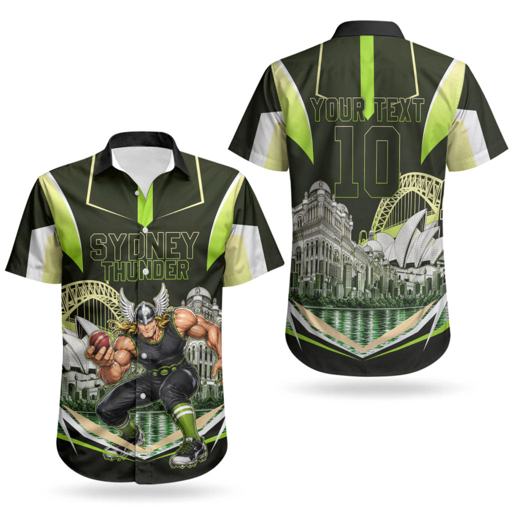 Personalised Sydney Thunder Cricket Mascot Skyline Couples Matching Off Shoulder Maxi Dress and Hawaiian Shirt Retro Comic Style Fan Art Graphic