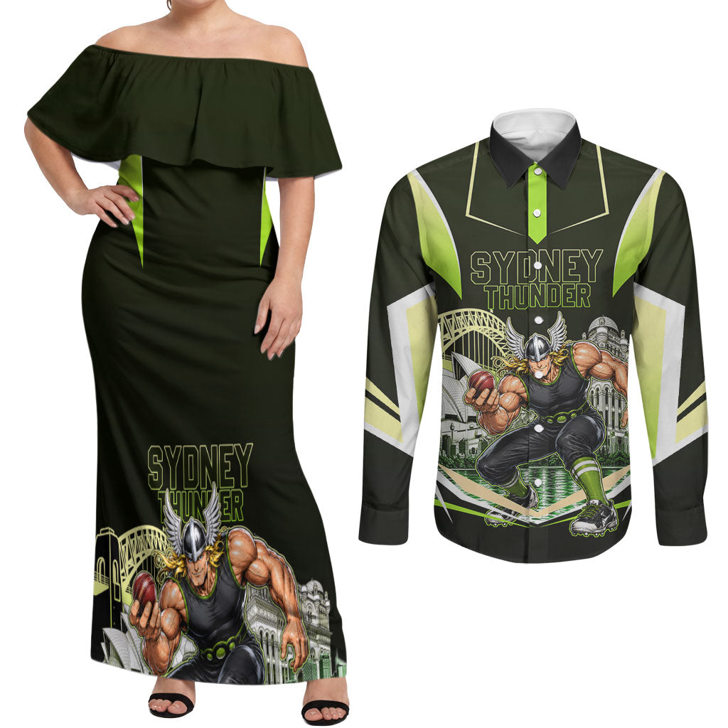 Personalised Sydney Thunder Cricket Mascot Skyline Couples Matching Off Shoulder Maxi Dress and Long Sleeve Button Shirt Retro Comic Style Fan Art Graphic