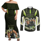 Personalised Sydney Thunder Cricket Mascot Skyline Couples Matching Off Shoulder Maxi Dress and Long Sleeve Button Shirt Retro Comic Style Fan Art Graphic