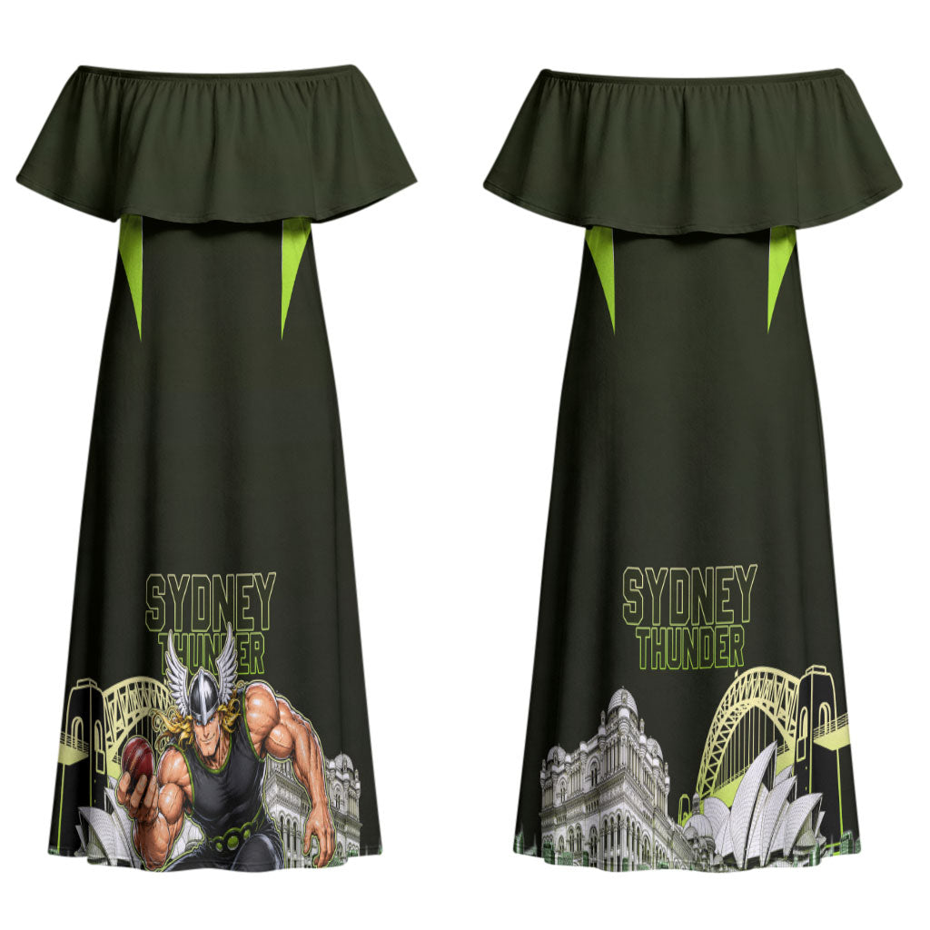 Personalised Sydney Thunder Cricket Mascot Skyline Couples Matching Off Shoulder Maxi Dress and Long Sleeve Button Shirt Retro Comic Style Fan Art Graphic