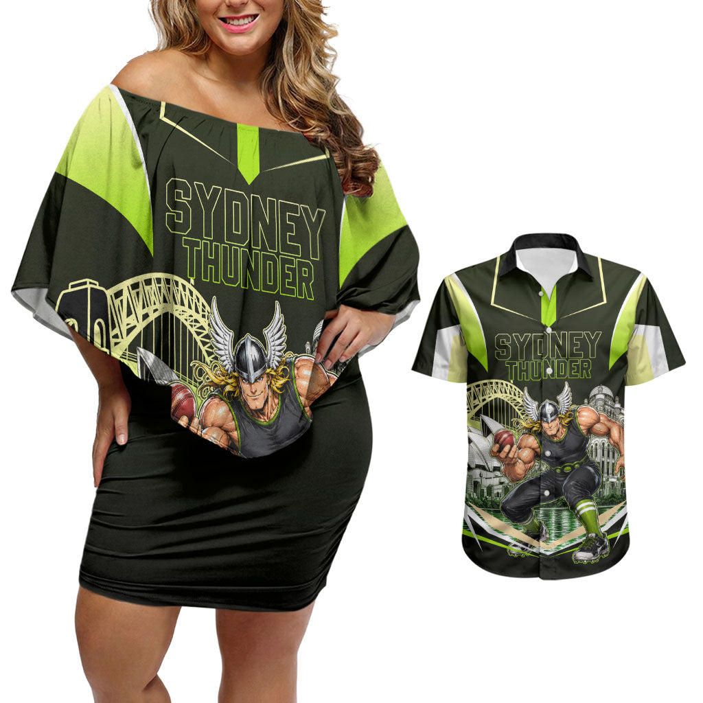 Personalised Sydney Thunder Cricket Mascot Skyline Couples Matching Off Shoulder Short Dress and Hawaiian Shirt Retro Comic Style Fan Art Graphic