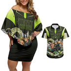 Personalised Sydney Thunder Cricket Mascot Skyline Couples Matching Off Shoulder Short Dress and Hawaiian Shirt Retro Comic Style Fan Art Graphic