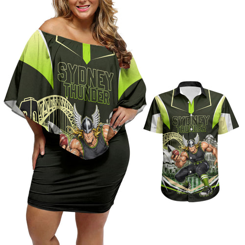 Personalised Sydney Thunder Cricket Mascot Skyline Couples Matching Off Shoulder Short Dress and Hawaiian Shirt Retro Comic Style Fan Art Graphic