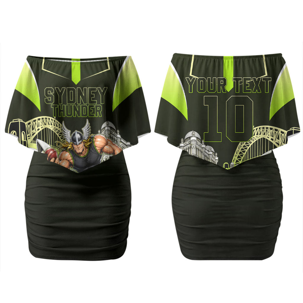 Personalised Sydney Thunder Cricket Mascot Skyline Couples Matching Off Shoulder Short Dress and Hawaiian Shirt Retro Comic Style Fan Art Graphic