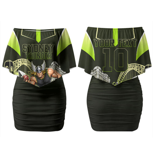 Personalised Sydney Thunder Cricket Mascot Skyline Couples Matching Off Shoulder Short Dress and Hawaiian Shirt Retro Comic Style Fan Art Graphic