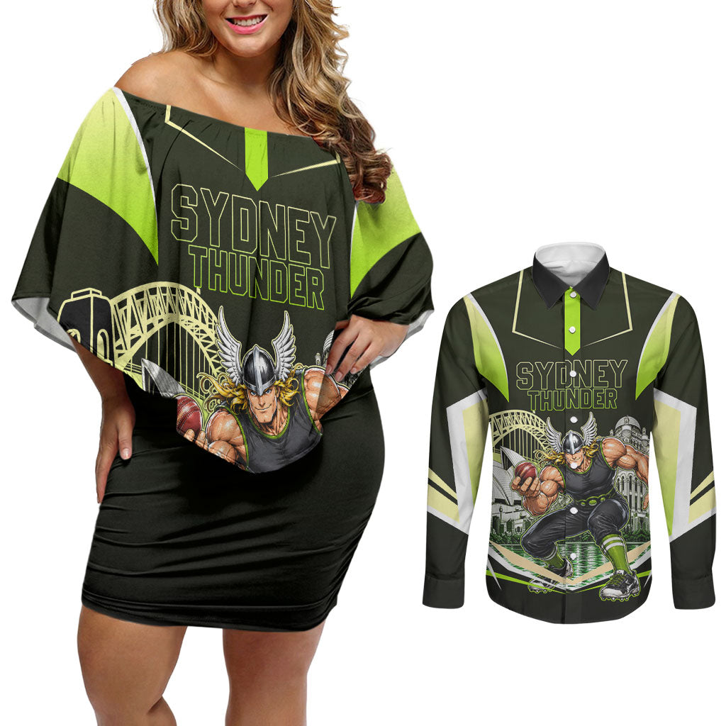Personalised Sydney Thunder Cricket Mascot Skyline Couples Matching Off Shoulder Short Dress and Long Sleeve Button Shirt Retro Comic Style Fan Art Graphic