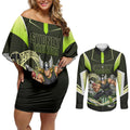 Personalised Sydney Thunder Cricket Mascot Skyline Couples Matching Off Shoulder Short Dress and Long Sleeve Button Shirt Retro Comic Style Fan Art Graphic