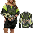 Personalised Sydney Thunder Cricket Mascot Skyline Couples Matching Off Shoulder Short Dress and Long Sleeve Button Shirt Retro Comic Style Fan Art Graphic